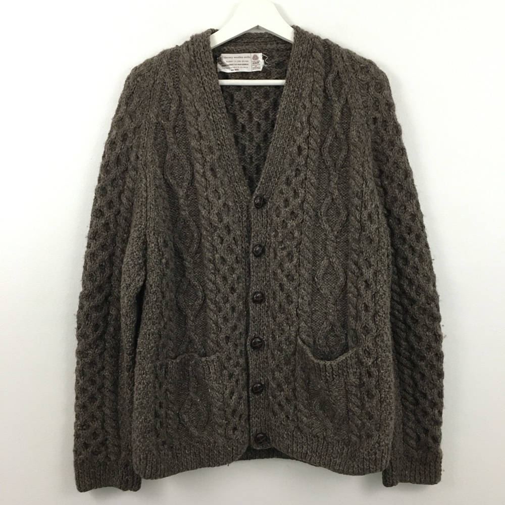 Vintage Blarney Woolen Mills Hand Knit Cable Cardigan Sweater 100% Wool Size XL